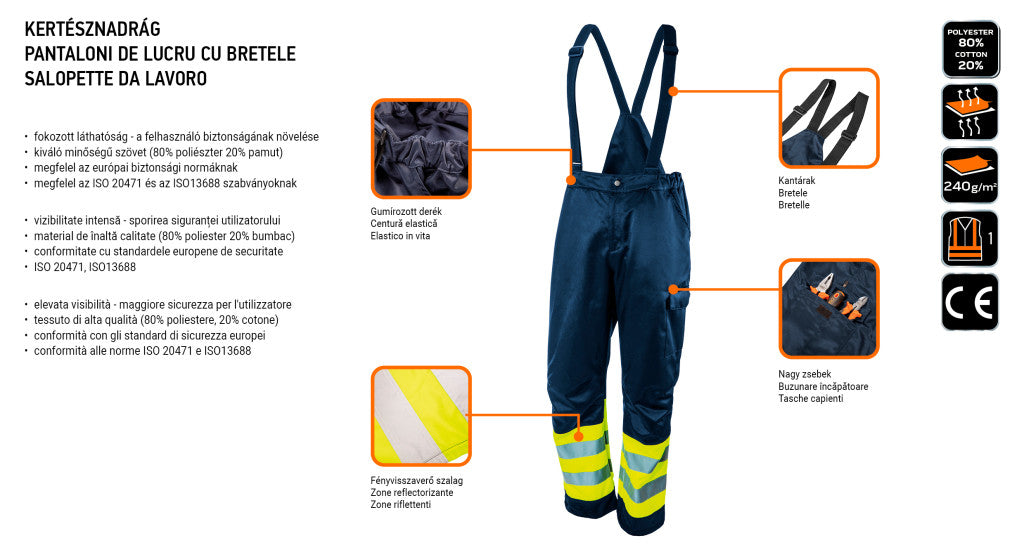 NEO TOOLS KANTÁROS MUNKANADRÁG, LÉLEGZŐ, 240GSM, POLYESTER+PAMUT, TENGERÉSZKÉK, FÉNYVISSZAVERŐ CSÍKOKKAL, S 81-779-S