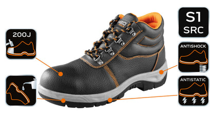 NEO TOOLS Munkavédelmi bakancs, S1 SRC, bőr acélbetétes, 43-as 82-165-43