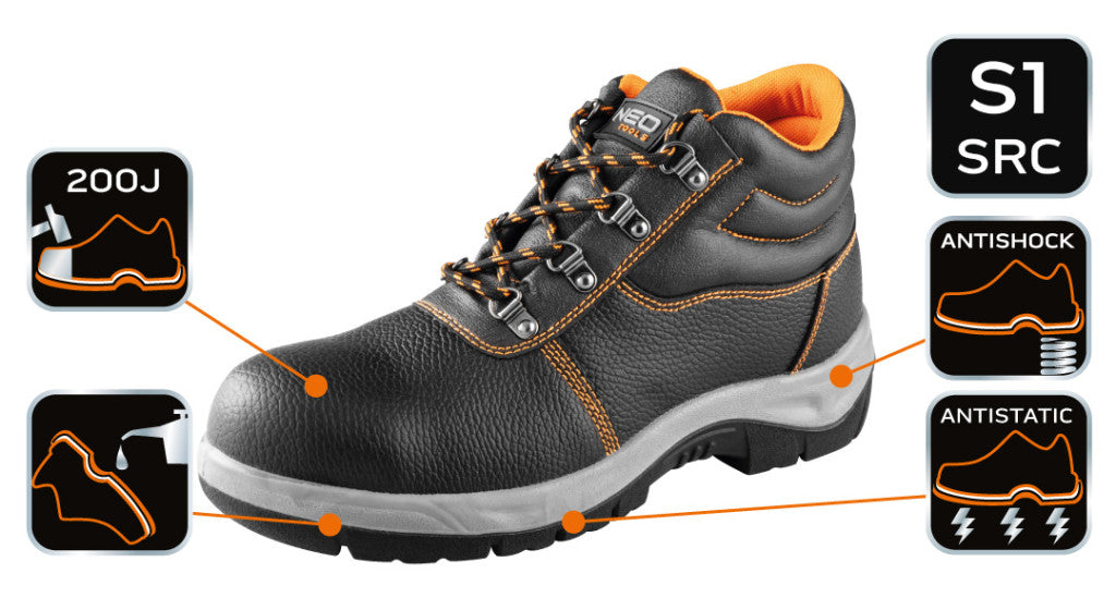 NEO TOOLS Munkavédelmi bakancs, S1 SRC, bőr acélbetétes, 46-os 82-165-46