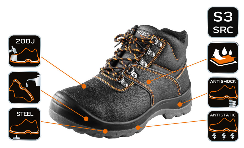 NEO TOOLS Munkavédelmi bakancs, S3 SRC, acélbetétes, acél átszúrásgátló betét, 39-es 82-166-39