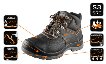 NEO TOOLS Munkavédelmi bakancs, S3 SRC, acélbetétes, acél átszúrásgátló betét, 42-es 82-166-42