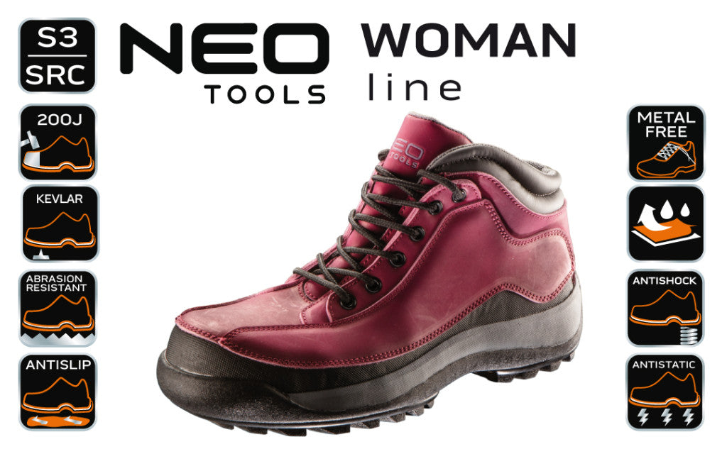 NEO TOOLS Munkavédelmi bakancs, női, S3 SRC, bőr, fémmentes, CE, 38 82-540-38