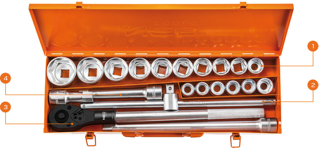 NEO TOOLS Dugókulcskészlet 3/4", 21db  25 év garanciával 08-061