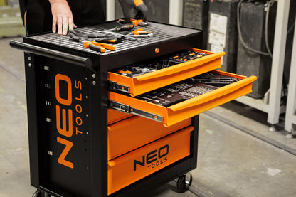 NEO TOOLS Műhelykocsi, 5 fiókos, 117db szerszámmal, 680x460x825mm, szerszámkocsi 25 év garanciával 84-214-6