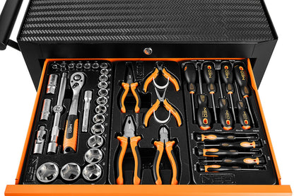 NEO TOOLS Műhelykocsi, 5 fiókos, 117db szerszámmal, 680x460x825mm, szerszámkocsi 25 év garanciával 84-214-6