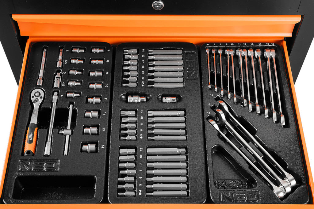 NEO TOOLS Műhelykocsi, 5 fiókos, 117db szerszámmal, 680x460x825mm, szerszámkocsi 25 év garanciával 84-214-6