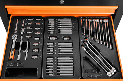 NEO TOOLS Műhelykocsi, 5 fiókos, 117db szerszámmal, 680x460x825mm, szerszámkocsi 25 év garanciával 84-214-6