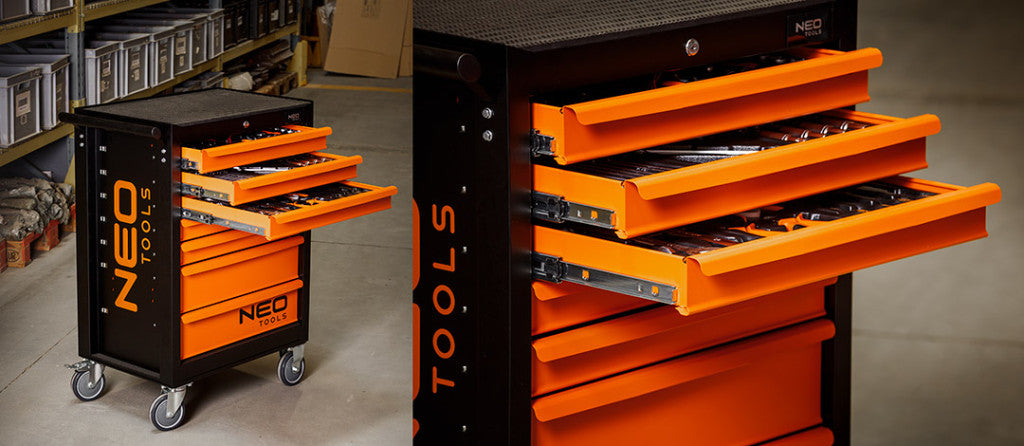 NEO TOOLS Műhelykocsi, 7 fiókos, 129db szerszámmal, 680x460x1030mm, szerszámkocsi 25 év garanciával 84-222-9