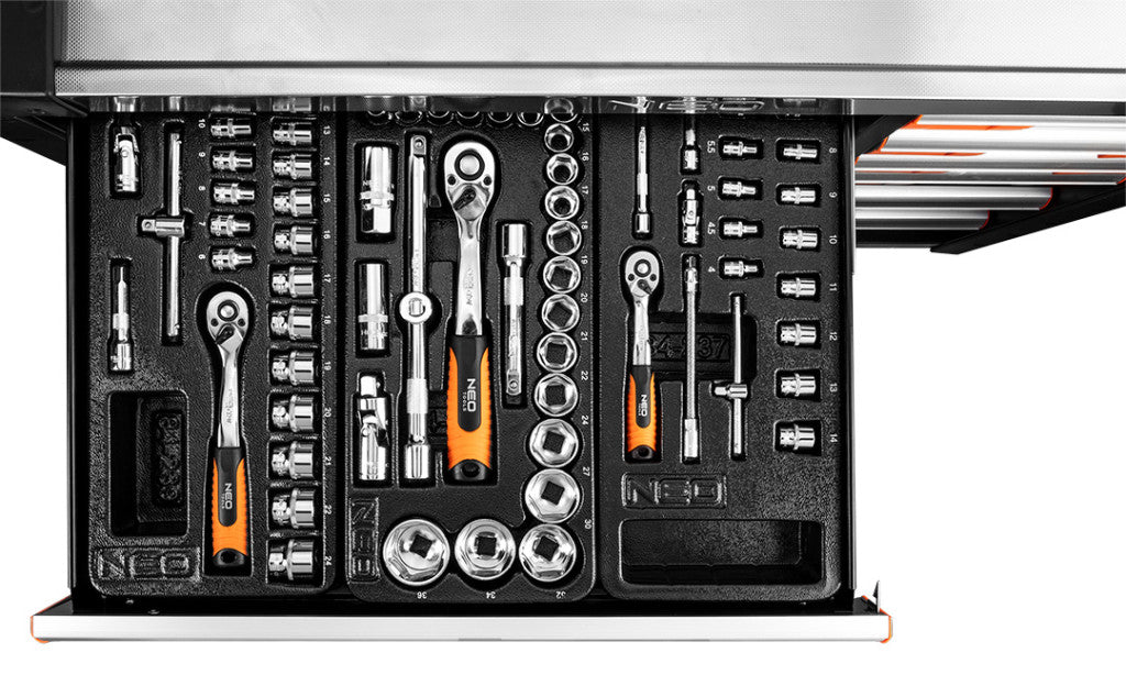 NEO TOOLS Műhelykocsi PRO, 12 fiókos, 229 szerszámmal, szerszámkocsi 84-225+G