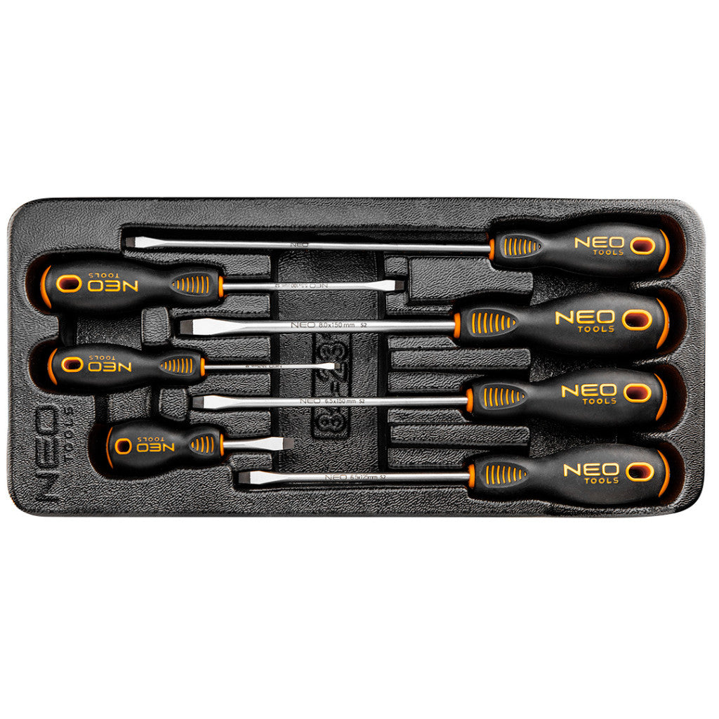 NEO TOOLS Csavarhúzó készlet, lapos 7db, műhelykocsitálcával 25 év garanciával 84-231