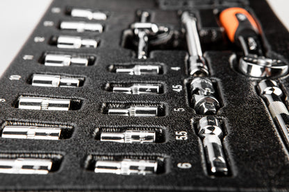 NEO TOOLS Dugókulcskészlet 1/4", 19db, 4-14mm, műhelykocsitálcával 25 év garanciával 84-237