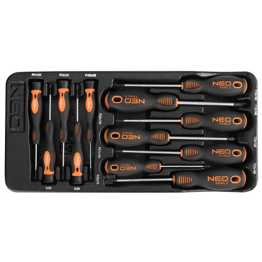 NEO TOOLS Műszerész, Precíziós Csavarhúzó készlet, PZ, TORX, 12db, műhelykocsitálcával 25 év garanciával 84-247