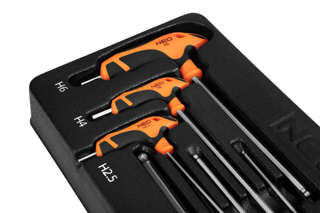 NEO TOOLS IMBUSZKULCS KÉSZLET „T” MARKOLATTAL 6db, MŰHELYKOCSITÁLCÁVAL 84-254