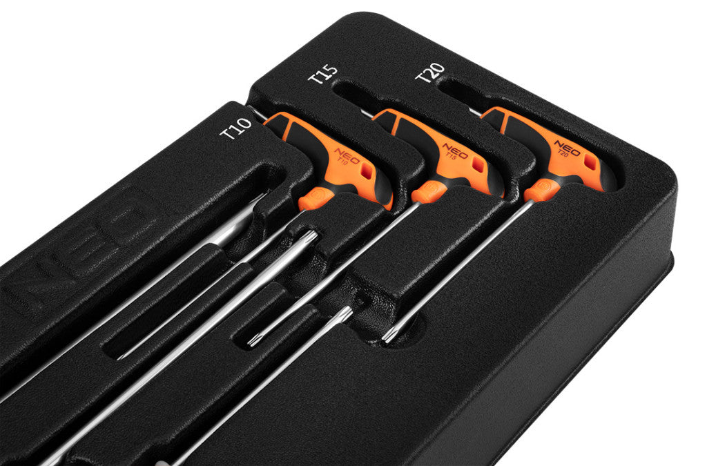 NEO TOOLS Torxkulcs KÉSZLET „T” MARKOLATTAL 6db, MŰHELYKOCSITÁLCÁVAL 84-264
