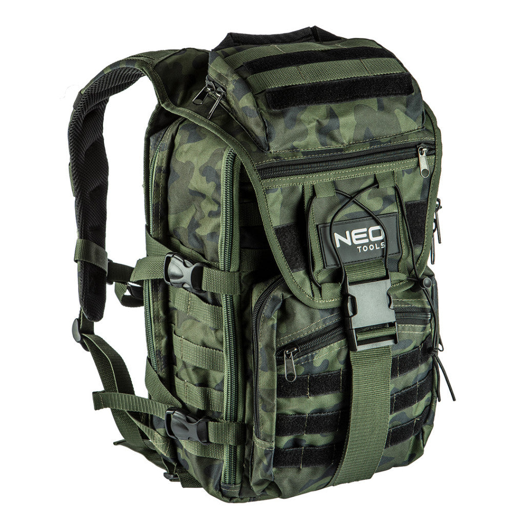NEO TOOLS Taktikai túra hátizsák terepszínű, kívül:4 zseb, belül:18 zseb, 600D poliészter, 30L kapacitás 84-321