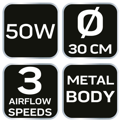 NEO TOOLS Padlóventilátor 50W, átmérő 30cm, 3 sebességfokoza 2 év garanciával 90-009