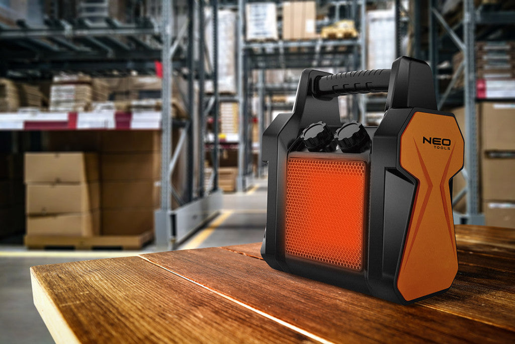 NEO TOOLS Ipari PTC Elektromos Kerámia Hősugárzó 2 kw, termosztát, levehető fogantyú, borulásvédelem, 139 m3/h 2 év garanciával 90-060