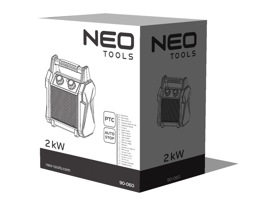 NEO TOOLS Ipari PTC Elektromos Kerámia Hősugárzó 2 kw, termosztát, levehető fogantyú, borulásvédelem, 139 m3/h 2 év garanciával 90-060