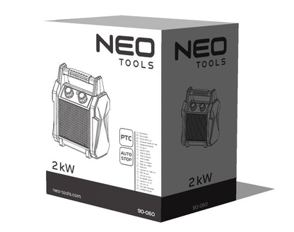 NEO TOOLS Ipari PTC Elektromos Kerámia Hősugárzó 2 kw, termosztát, levehető fogantyú, borulásvédelem, 139 m3/h 2 év garanciával 90-060