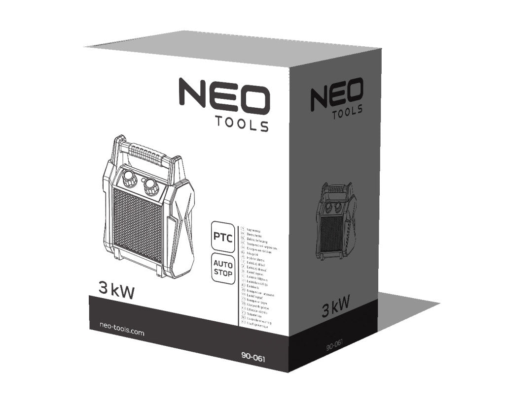 NEO TOOLS Ipari PTC Elektromos Kerámia Hősugárzó 3 kw, termosztát, levehető fogantyú, borulásvédelem, 210 m3/h 2 év garanciával 90-061
