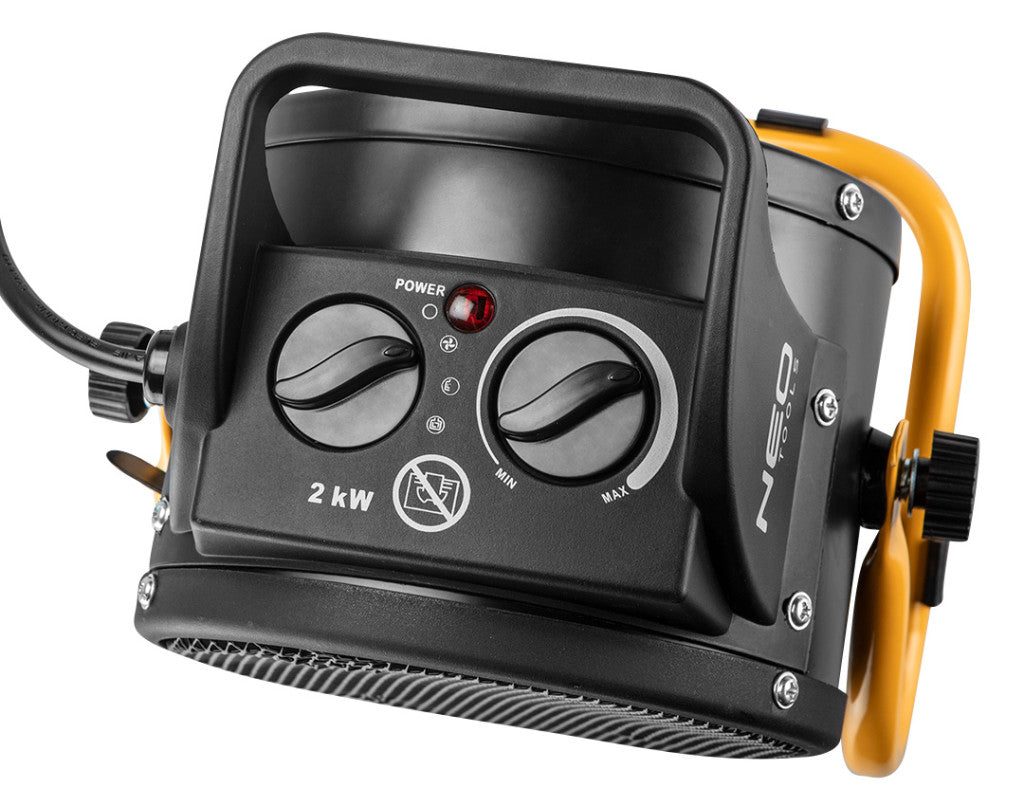 NEO TOOLS Ipari PTC Elektromos Kerámia Hősugárzó 2 kw, Két fokozat, állítható szög, levehető fogantyú, 197 m3/h 2 év garanciával 90-062