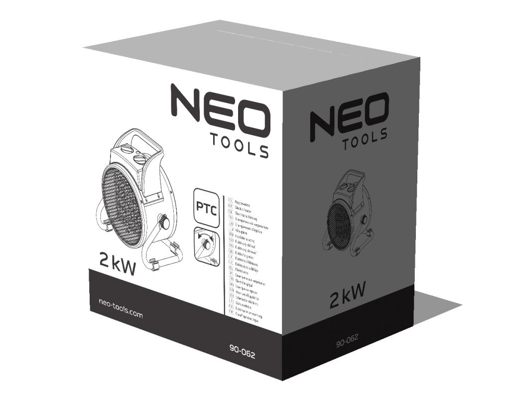 NEO TOOLS Ipari PTC Elektromos Kerámia Hősugárzó 2 kw, Két fokozat, állítható szög, levehető fogantyú, 197 m3/h 2 év garanciával 90-062