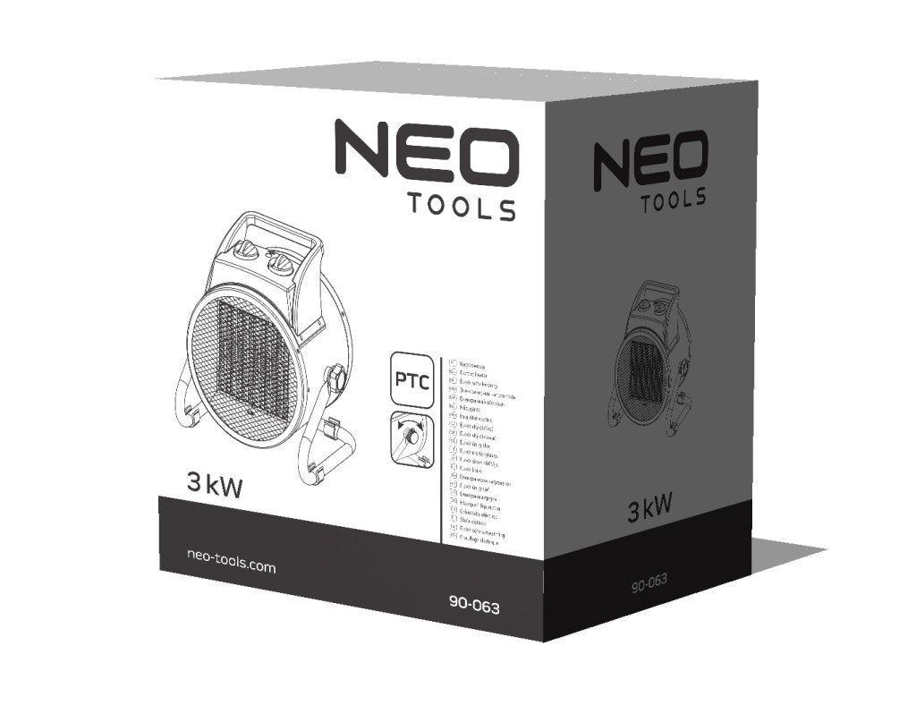 NEO TOOLS Ipari PTC Elektromos Kerámia Hősugárzó 3 kw, Két fokozat, állítható szög, levehető fogantyú, 280 m3/h 2 év garanciával 90-063