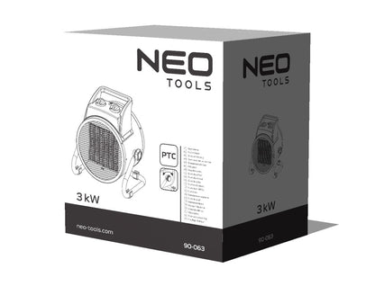 NEO TOOLS Ipari PTC Elektromos Kerámia Hősugárzó 3 kw, Két fokozat, állítható szög, levehető fogantyú, 280 m3/h 2 év garanciával 90-063