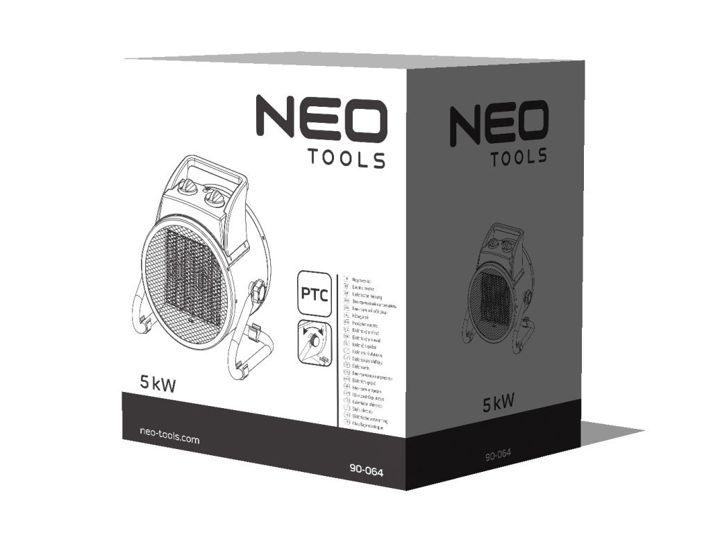 NEO TOOLS Ipari PTC Elektromos Kerámia Hősugárzó 5 kw, Két fokozat, állítható szög, levehető fogantyú, 588 m3/h 2 év garanciával 90-064