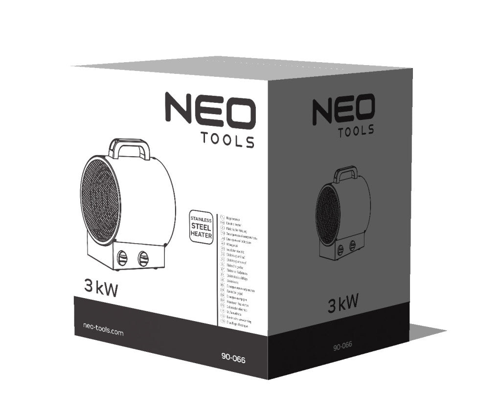 NEO TOOLS Ipari Elektormos hősugárzó termosztáttal 3kW, ipari, szabadonálló, 291 m3/h 2 év garanciával 90-066