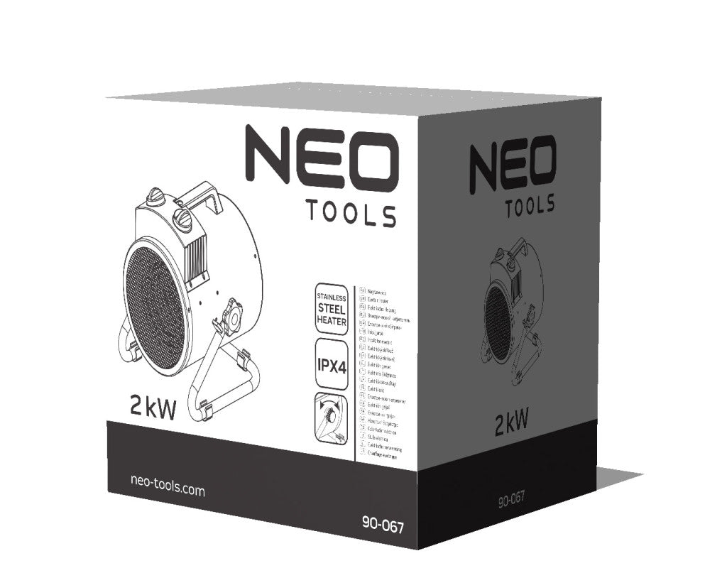 NEO TOOLS Ipari elektromos hősugárzó 2kW, állíth. üzemmód, IPX4(vizálló), állíth. szög, szabadonálló, 330 m3/h 2 év garanciával 90-067
