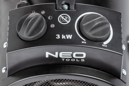 NEO TOOLS Ipari elektromos hősugárzó 3kW, állíth. üzemmód, IPX4(vizálló), állíth. szög, szabadonálló, 354 m3/h 2 év garanciával 90-068