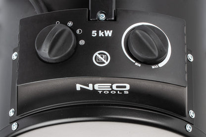 NEO TOOLS Ipari elektromos hősugárzó 5kW, állíth. üzemmód, IPX4(vizálló), állíth. szög, szabadonálló, 366 m3/h 2 év garanciával 90-069