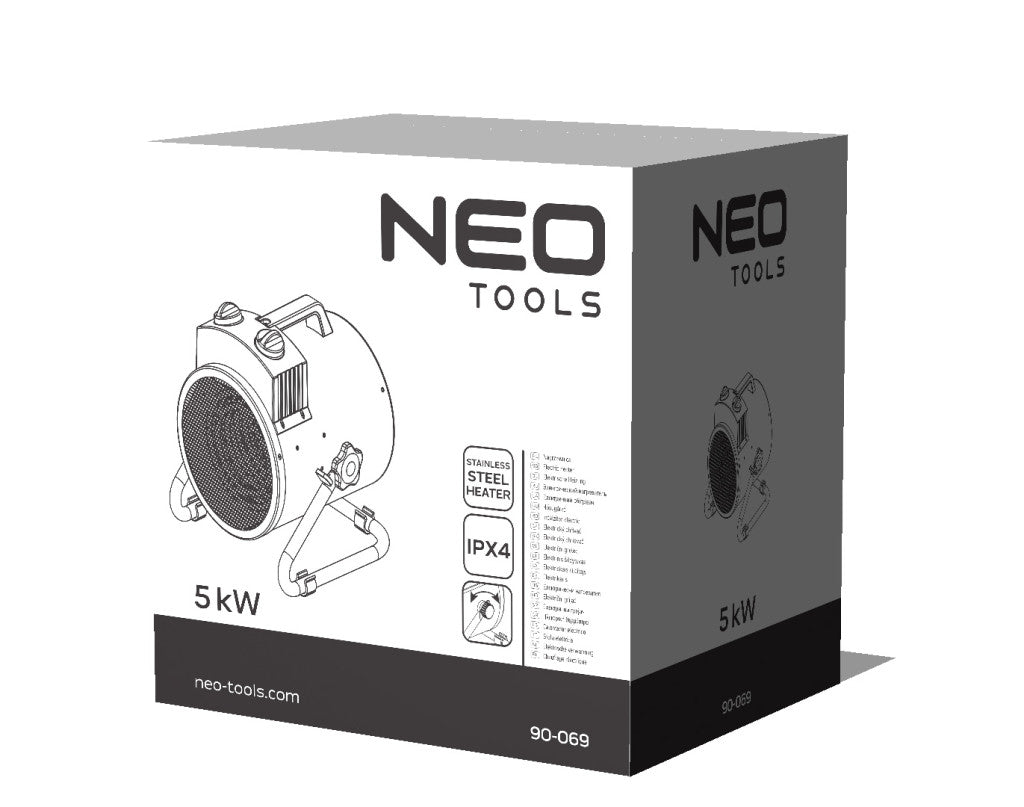 NEO TOOLS Ipari elektromos hősugárzó 5kW, állíth. üzemmód, IPX4(vizálló), állíth. szög, szabadonálló, 366 m3/h 2 év garanciával 90-069