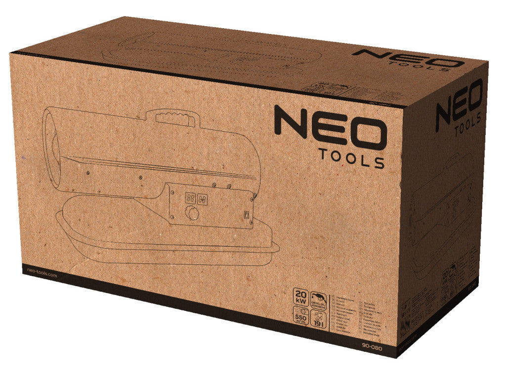 NEO TOOLS Gázolajos hőlégbefúvó, 20kW, 19l, fogyasztás: 1.9l / h, teljesítmény: 550 m3 / h 2 év garanciával 90-080