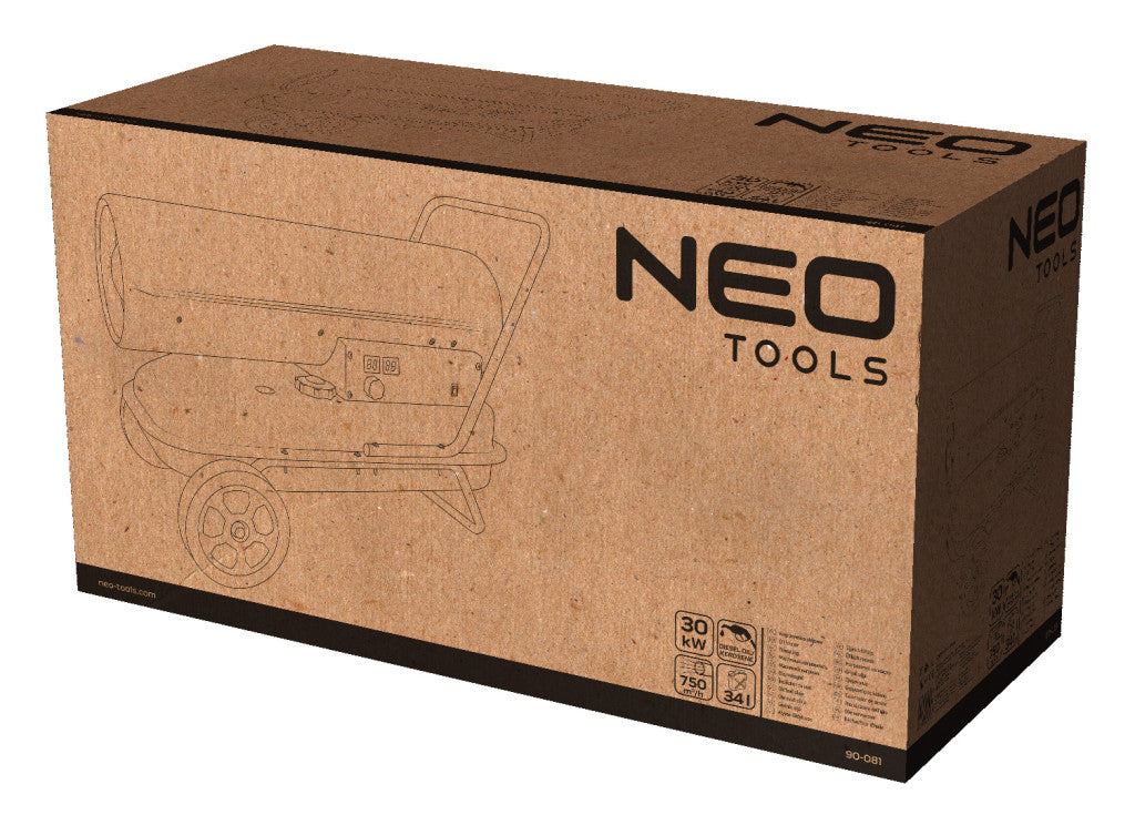 NEO TOOLS Gázolajos hőlégbefúvó, 30kW, 34l, fogyasztás: 2.8l / h, teljesítmény: 750 m3 / h, kerekekkel 2 év garanciával 90-081