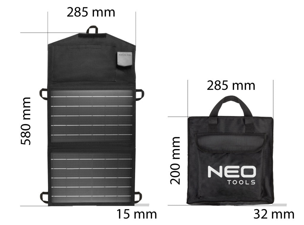 NEO TOOLS Hordozható napelem, napelemes töltő, 15W, telefon, laptop töltésre, 2db USB csatlakozó 2 év garanciával 90-140