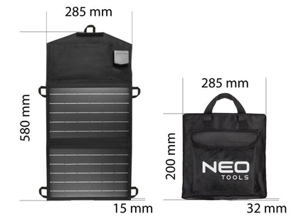 NEO TOOLS Hordozható napelem, napelemes töltő, 15W, telefon, laptop töltésre, 2db USB csatlakozó 2 év garanciával 90-140