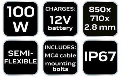NEO TOOLS Hordozható napelem, napelemes töltő, 100W, IP67, 12V-os akku, telefon, laptop töltésre, 2db USB csatlakozó 2 év garanciával 90-143