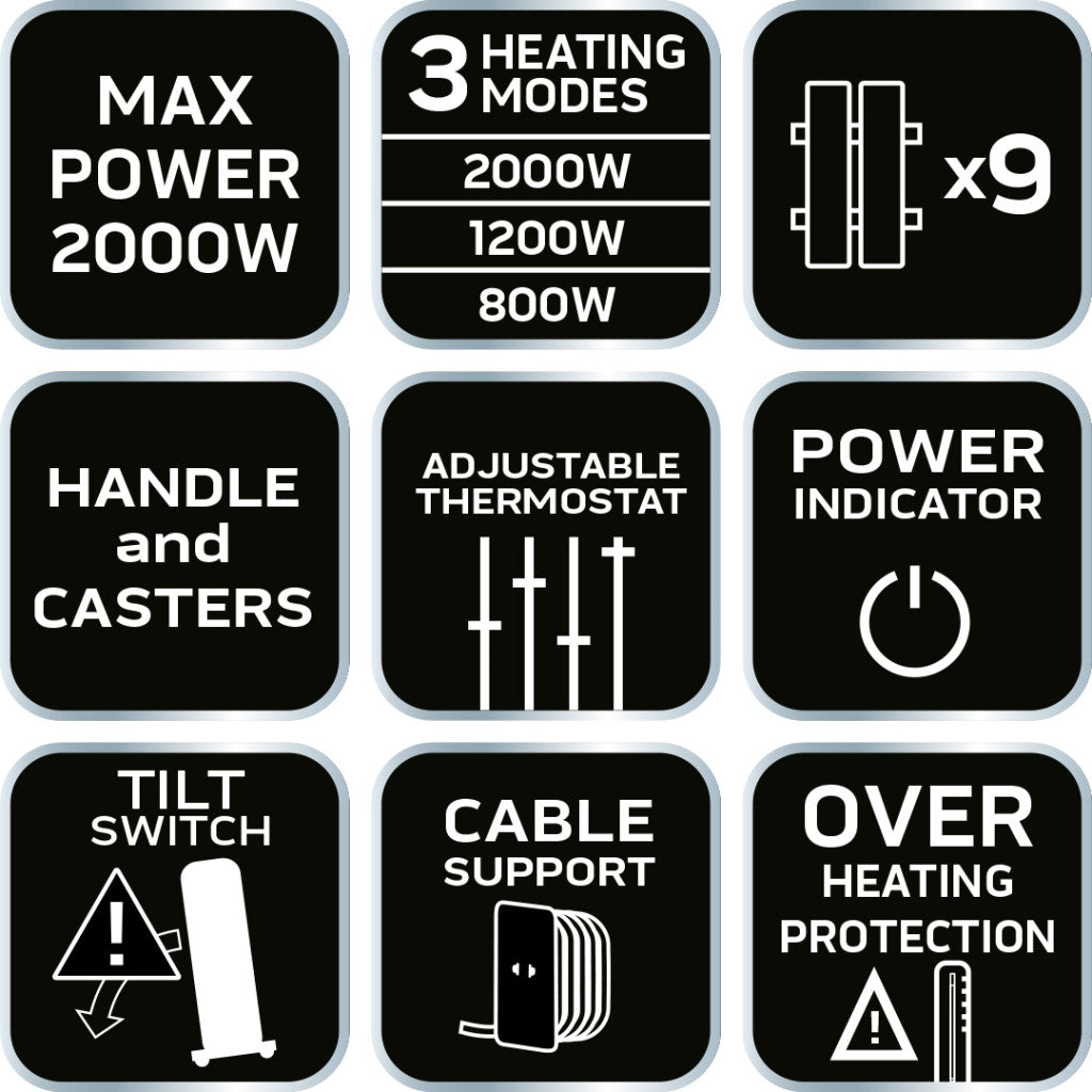 NEO TOOLS Olajradiátor, 9 bordás, 2 fokozatú, 1200/2000W 2 év garanciával 90-152