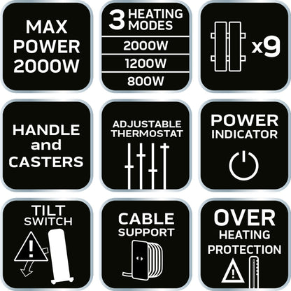 NEO TOOLS Olajradiátor, 9 bordás, 2 fokozatú, 1200/2000W 2 év garanciával 90-152