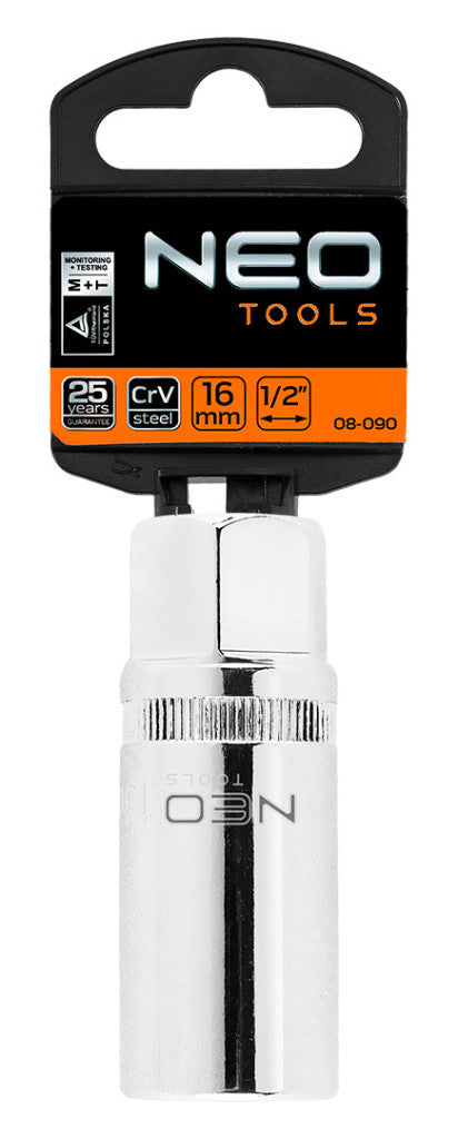 NEO TOOLS Gyújtógyertyakulcs 1/2"16mm, Mágneses, Spline 25 év garanciával 08-090