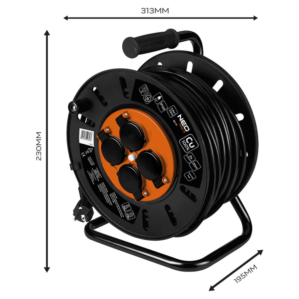 NEO TOOLS Kábeldob, hosszabbító, 30m/3x1,5mm2 réz kábel, 230V, IP20, hőkioldó, műanyag dob, fém keret  90-171