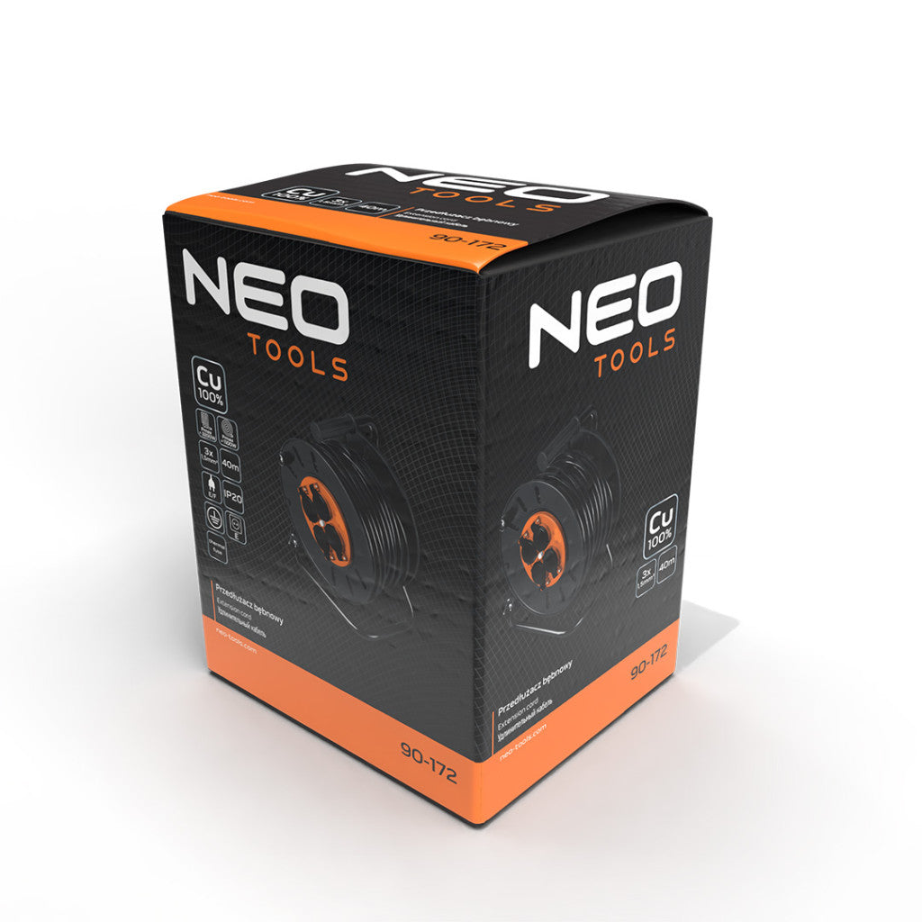 NEO TOOLS Kábeldob, hosszabbító, 40m/3x1,5mm2 réz kábel, 230V, IP20, hőkioldó, műanyag dob, fém keret  90-172