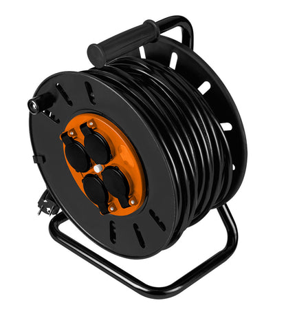 NEO TOOLS Kábeldob, hosszabbító, 30m/3x2,5mm2 réz kábel, 230V, IP20, hőkioldó, műanyag dob, fém keret  90-173