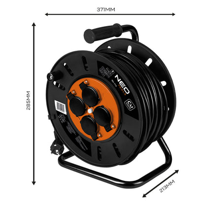 NEO TOOLS Kábeldob, hosszabbító, 40m/3x2,5mm2 réz kábel, 230V, IP20, hőkioldó, műanyag dob, fém keret  90-174