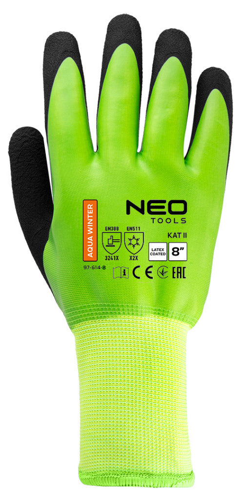 NEO TOOLS Munkakesztyű, AquaWinter, hőszigetelt, vízálló, dupla latex bevonatú poliészter, 8 97-614-8
