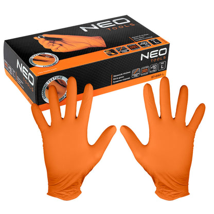 NEO TOOLS Munkakesztyű, perforált nitril, narancssárga, 50db, L 97-690-L