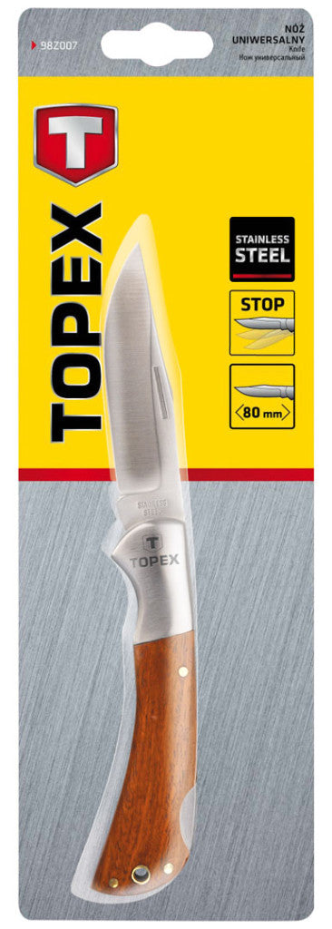 TOPEX Kés, Összecsukható kés retesszel, 8cm penge, fa markolat 98Z007