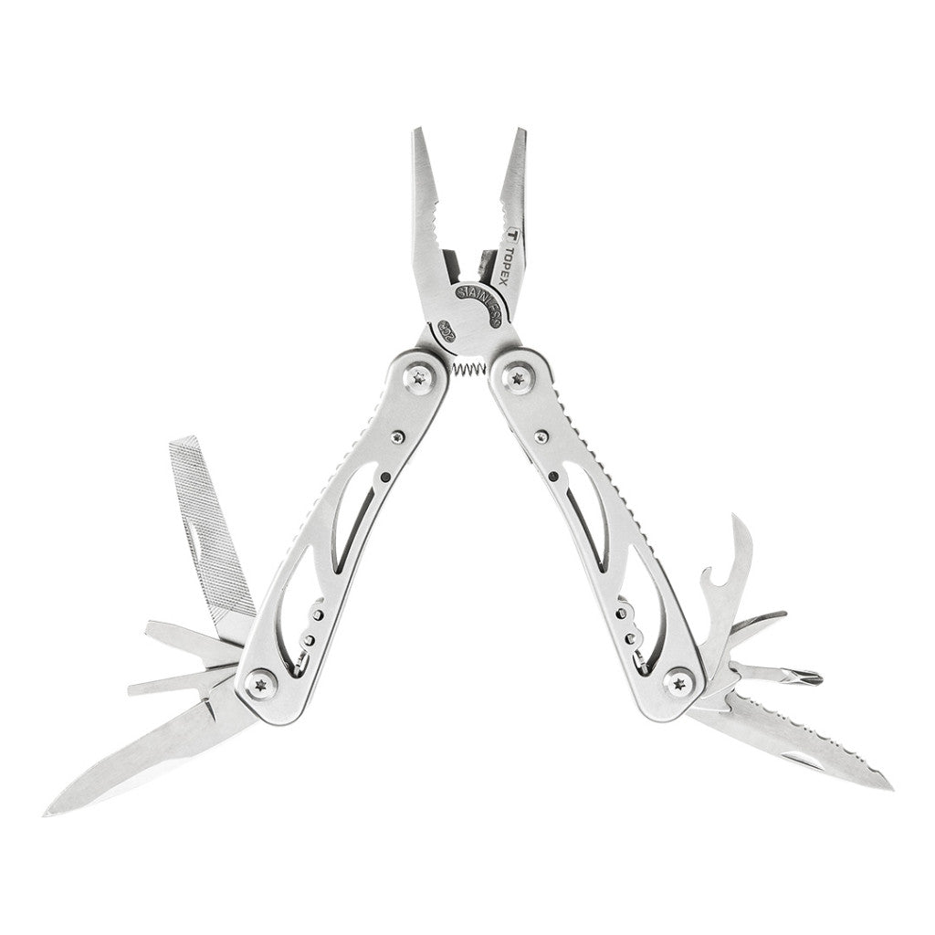 TOPEX Multifunkciós szerszám, 9 funkció, silver, súly 222 g, nyitva/összecsukva: 165mm/105mm 98Z058